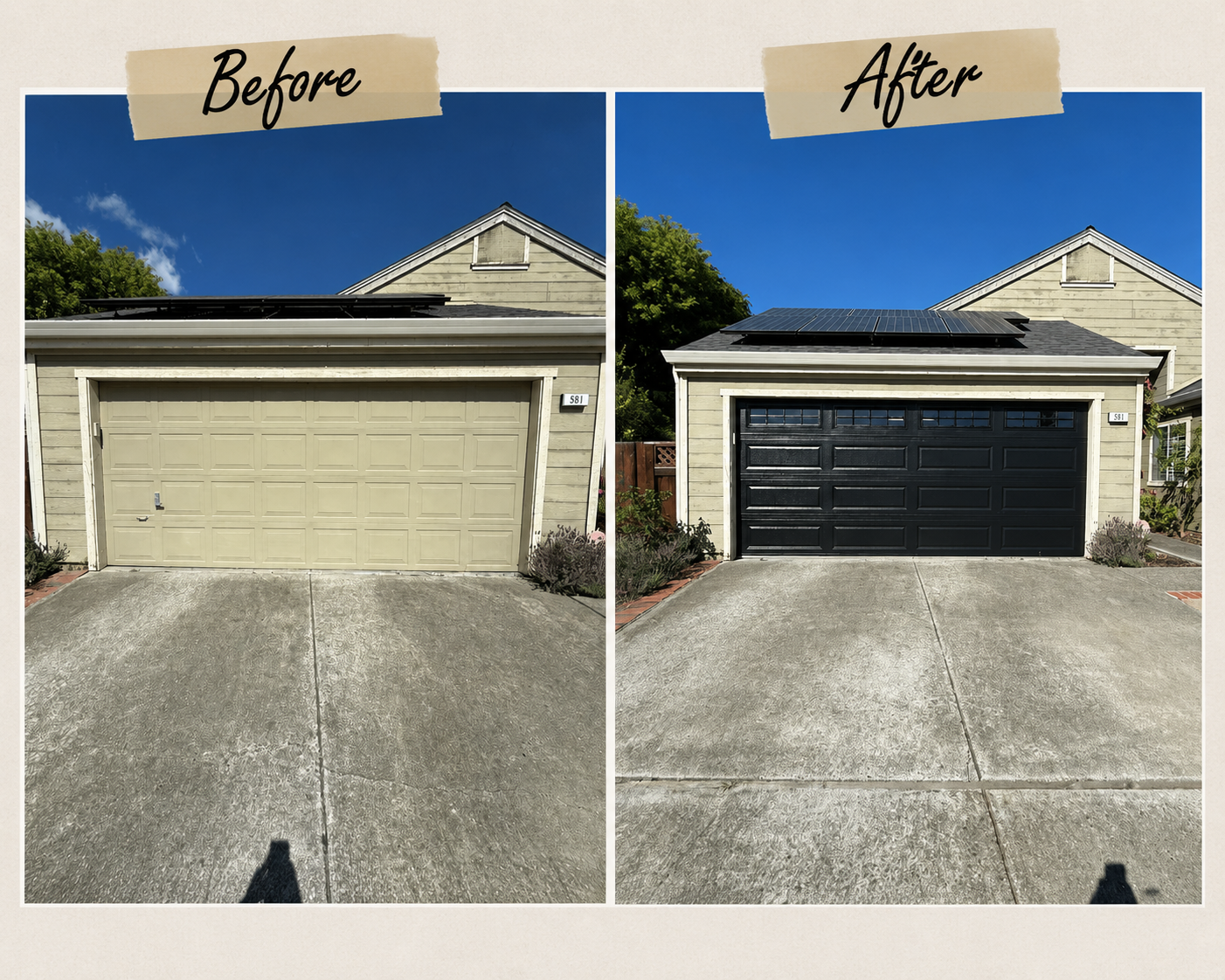 Before and after modern steel garage door on a Marina Point Foster City waterfront home